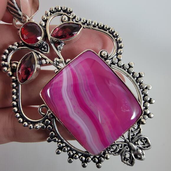 Handmade Silver Pendant Necklace with Pink Banded Agate & Garnet Accents - Picture 2 of 10